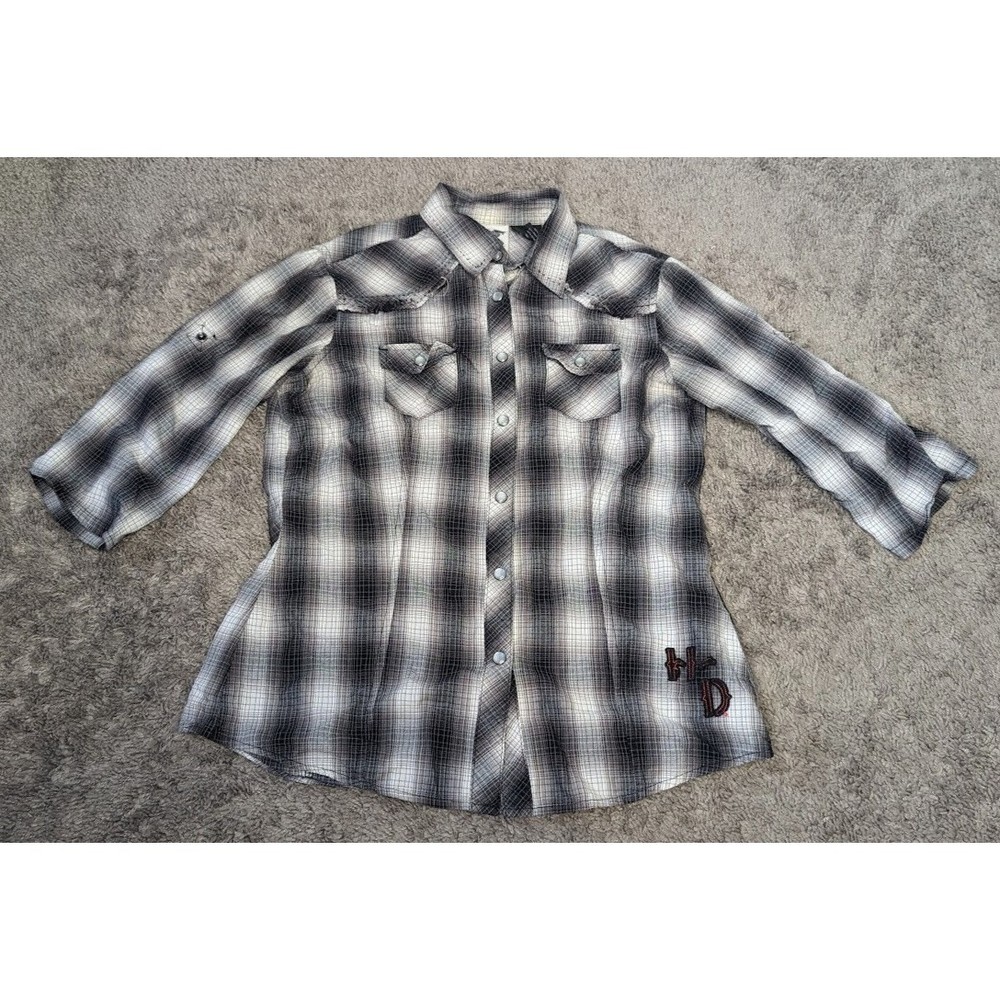 Harley Davidson Plaid Roll Tab Sleeve Embroidered Stitch Pearl Snap SZ S
